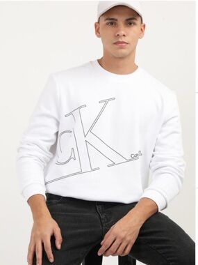 Calvin Klein Men’s White Crewneck Sweatshirt with Outline CK Logo